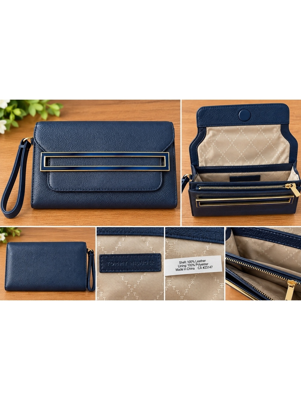 Talbots Navy Genuine Leather Wristlet Clutch Gold-Tone Hardware
